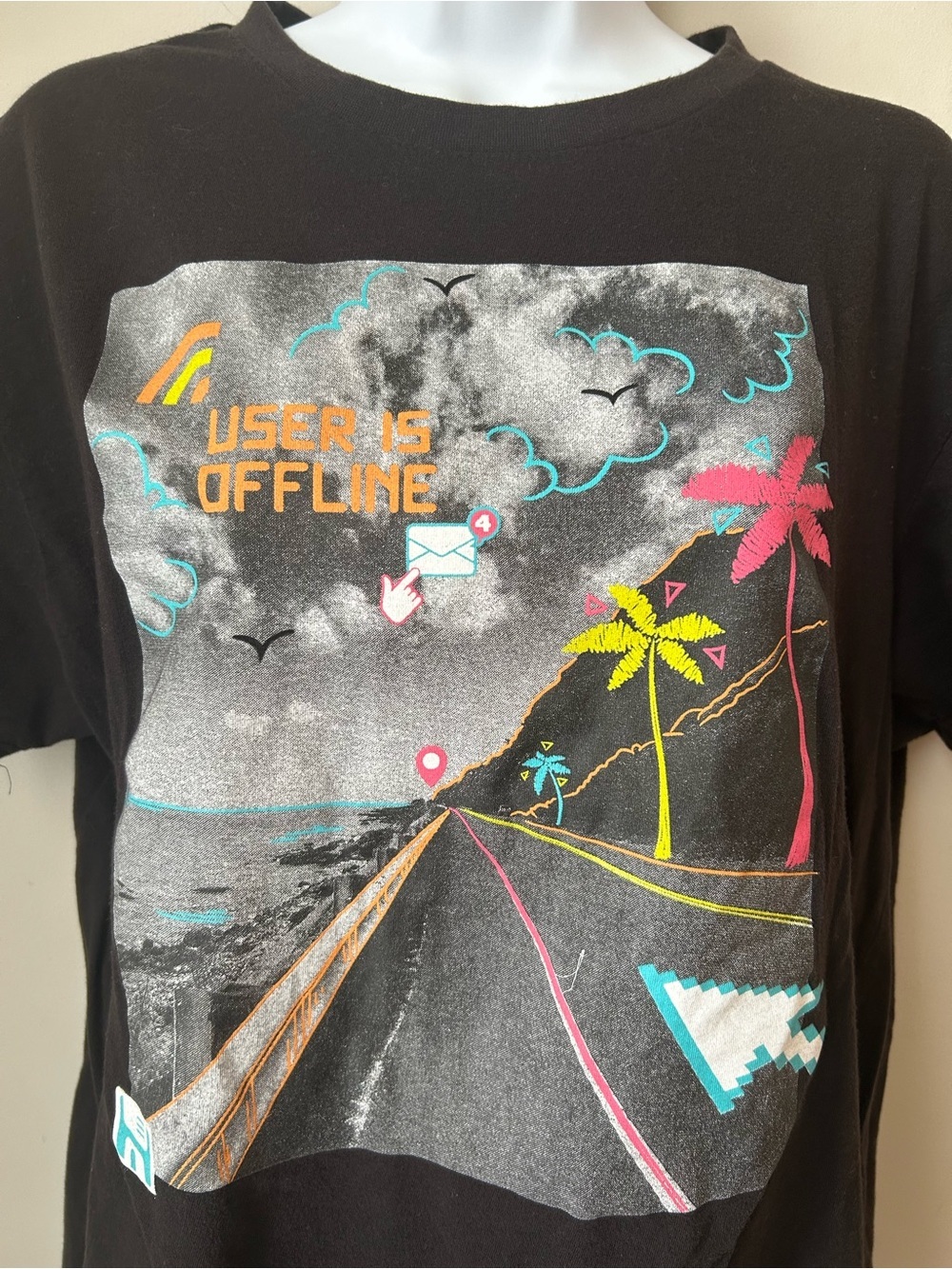 90s Inspired Graphic Tee with Neon Tropical Print - 100% Cotton - Size Large